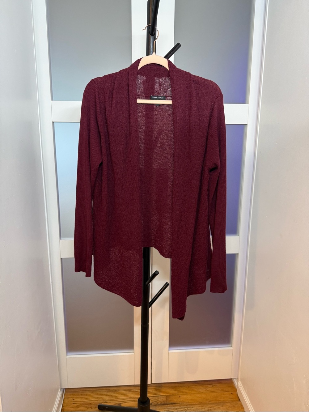Eileen Fisher Burgundy Open-Front Knit Cardigan, 100% wool, size Large.